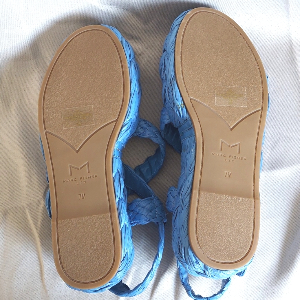 Marc Fisher‎ Shoes, Sz 7, Platform Sandals, Sky Blue Raffia, Silver Buckle, NEW! - Picture 4 of 5